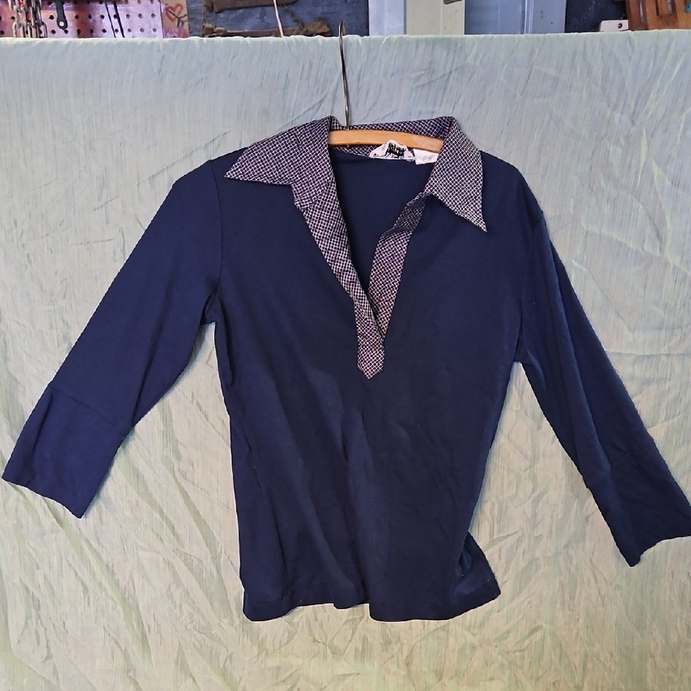 Navy Blue Women's Top with Patterned Collar